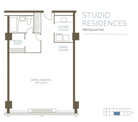 Floor plan for studio, 1 bath, 590 sqft